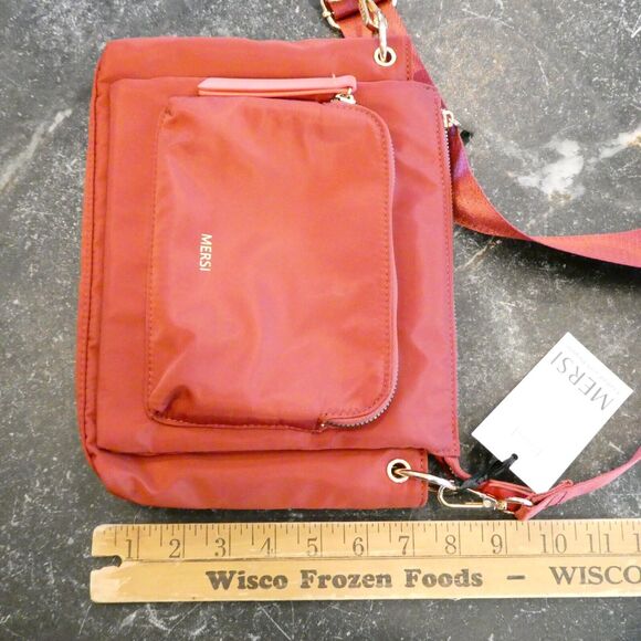 Mersi Purse Erin Rust Orange Red Gold Nylon Zip Compartments Seatbelt Strap NEW - Picture 13 of 13